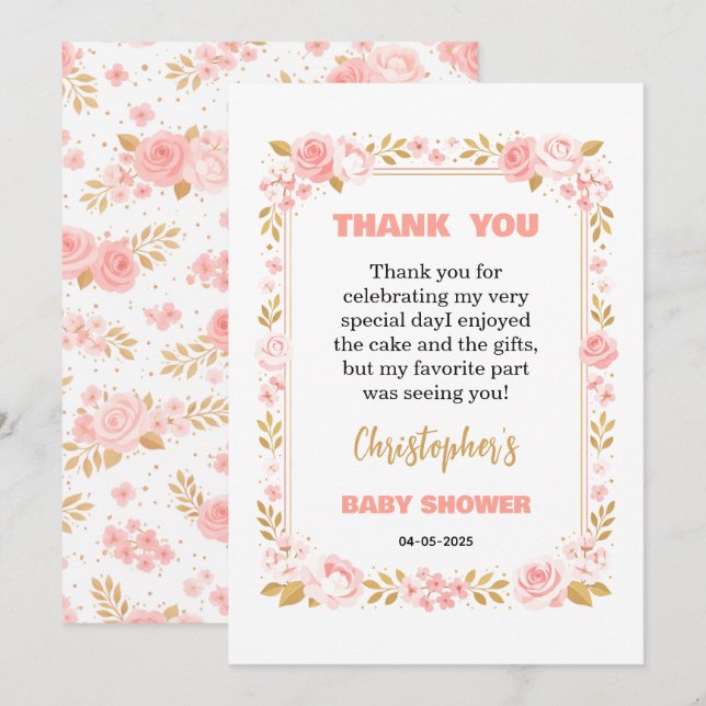 Carte De Remerciements Blush Pink & Gold Floral Girl Baby Shower (Devant / Derrière)