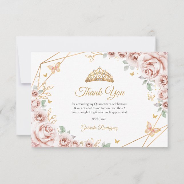 Carte De Remerciements Blush Pink Gold Floral Quinceanera (Devant)