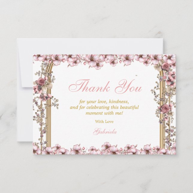 Carte De Remerciements Blush Pink Golden Tiara Floral Quinceañera (Devant)