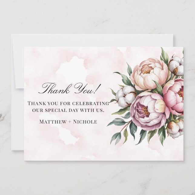 Carte De Remerciements Blush Pink Peony and Cotton Wedding (Devant)