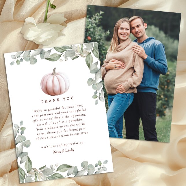 Carte De Remerciements Blush Pink Pumpkin Fall Baby Shower Thank You Card (Photo Thank You Card - Blush Pink)