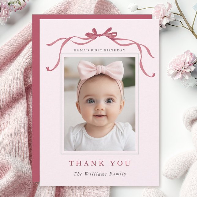 Carte De Remerciements Blush Pink Red Bow Minimal Birthday Photo  (Créateur téléchargé)
