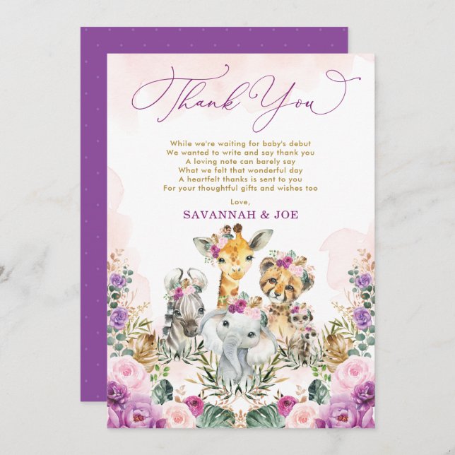 Carte De Remerciements Blush Purple Floral Jungle Safari Baby shower fill (Devant / Derrière)