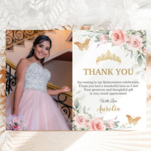 Carte De Remerciements Blush rose Floral or Couronne Quinceañera Photo