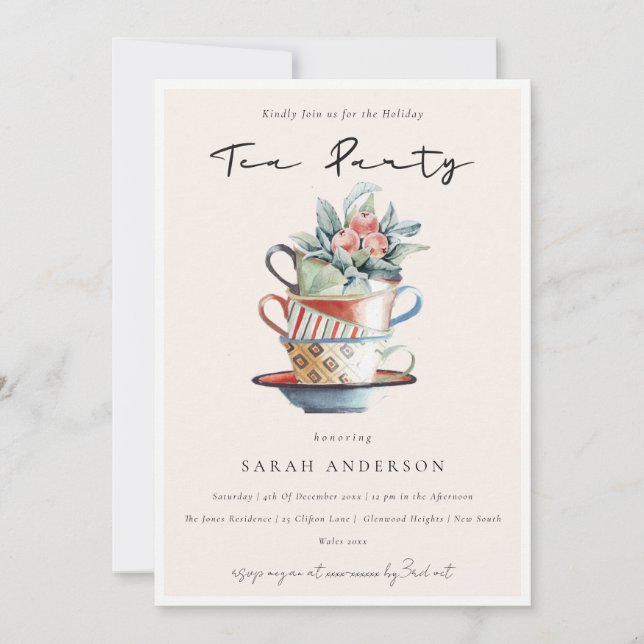 Carte De Remerciements Blush Soft Stacked Cups Holiday Tea Party Invite (Devant)