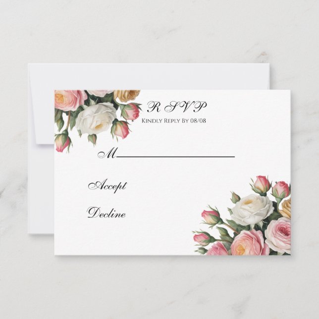 Carte De Remerciements Blush, White Rose Floral Wedding RSVP Card (Devant)