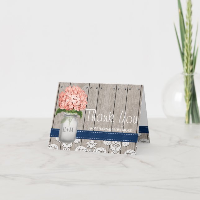 Carte De Remerciements Bocal mason monogramme avec hydrangea bleu marine  (Devant)