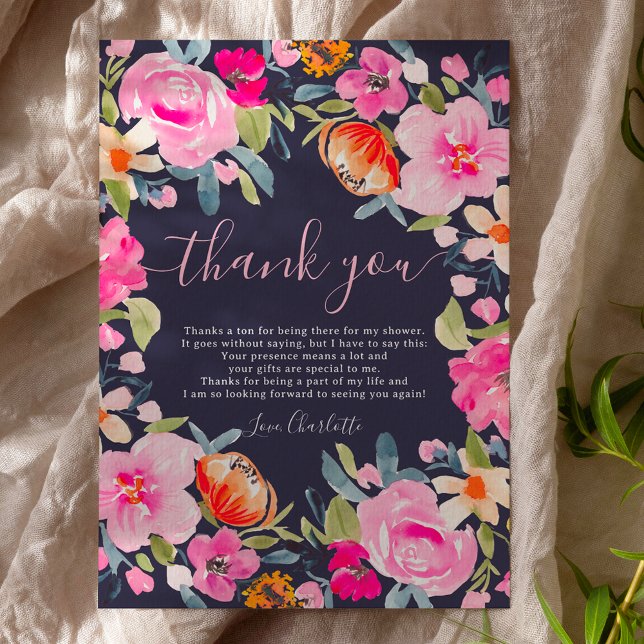 Carte De Remerciements Bohème audacieuse floral aquarelle douche de maria (Bohemian bold floral watercolor bridal shower thank you card on navy blue)