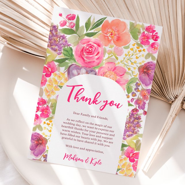 Carte De Remerciements Bohème brillant arc floral script chic mariage (Bohemian bright floral arch script chic wedding thank you card)