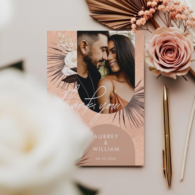 Carte De Remerciements Bohème Chic Moderne Bohème Aquarelle Flore Photo (Modern Bohemian Chic Boho Watercolor Florals Photo Thank You Card)