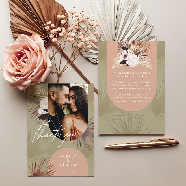 Carte De Remerciements Bohème Chic Moderne Bohème Aquarelle Flore Photo (Modern Bohemian Chic Boho Watercolor Florals Photo Thank You Card)