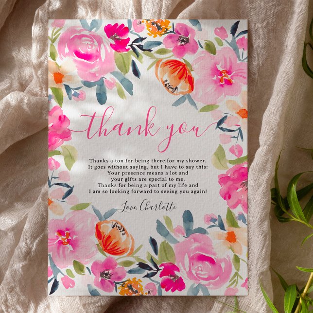 Carte De Remerciements Bohème floral aquarelle audacieux pour une baby sh (Bohemian bold floral watercolor bridal shower thank you card on white)