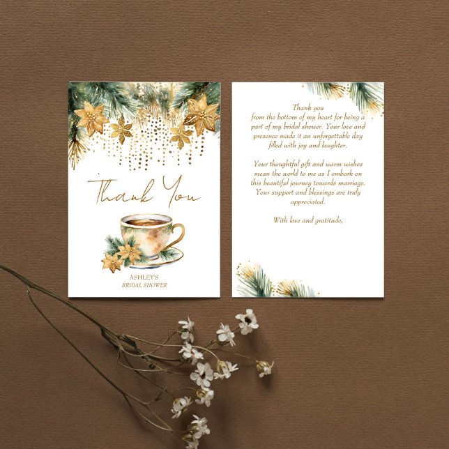 Carte De Remerciements Bohème Noël fête prénuptiale d'hiver thé (Boho Christmas winter bridal shower tea party Thank You Card watercolor gold poinsettia pines thank)