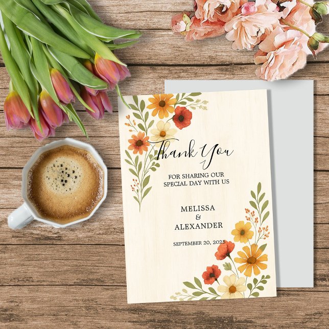 Carte De Remerciements Boho aquarelle fleurs mariage botanique (Boho watercolor flowers botanical wedding thank you card.)