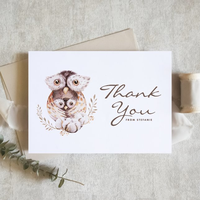 Carte De Remerciements Boho Aquarelle maman et bébé hibou Woodland (Woodland theme baby shower thank you card featuring watercolor mommy and baby owl and foliage.)