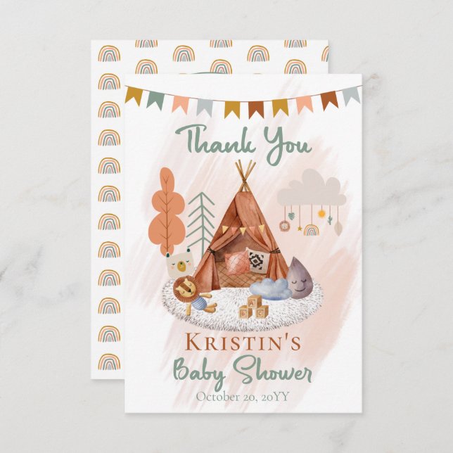 Carte De Remerciements Boho Baby Boy Teepee | Baby shower jouets (Devant / Derrière)