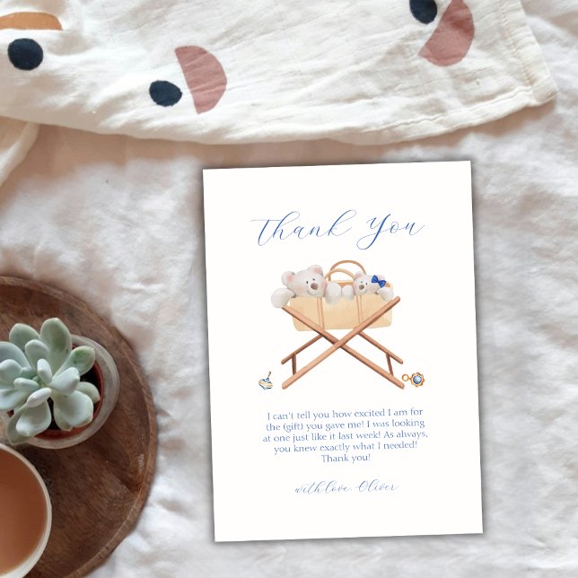 Carte De Remerciements Boho Bear Bassinet Toy Baby shower (Boho Bear Bassinet Toy Boy Baby Shower Thank You Card)