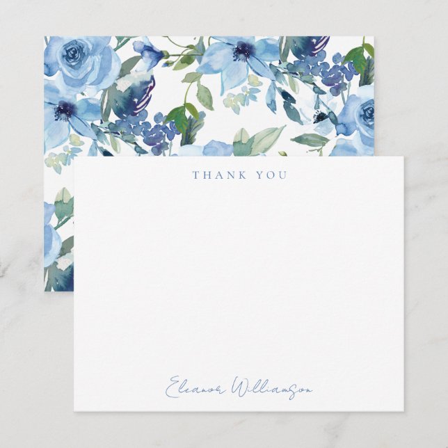 Carte De Remerciements Boho bleu clair Aquarelle Floral Douche (Devant / Derrière)