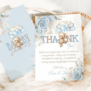 Carte De Remerciements Boho Blue Floral Pampas Teddy Bear Boy Baby shower