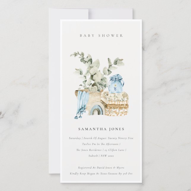 Carte De Remerciements Boho Blue Nursery Foliage Boy Baby shower Invitati (Devant)