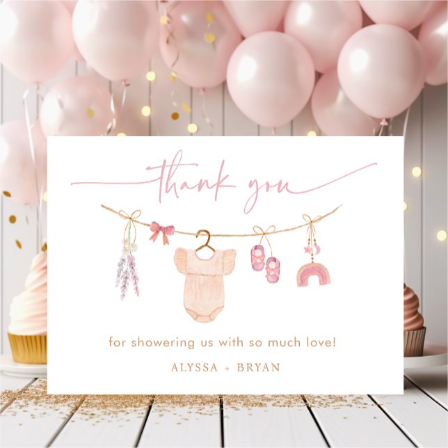 Carte De Remerciements Boho Blush rose Vêtements de bébé Baby shower fill (Créateur téléchargé)