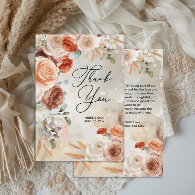 Carte De Remerciements Boho Blush Terracotta Cream Floral Wedding  (Boho floral wedding thank you card)