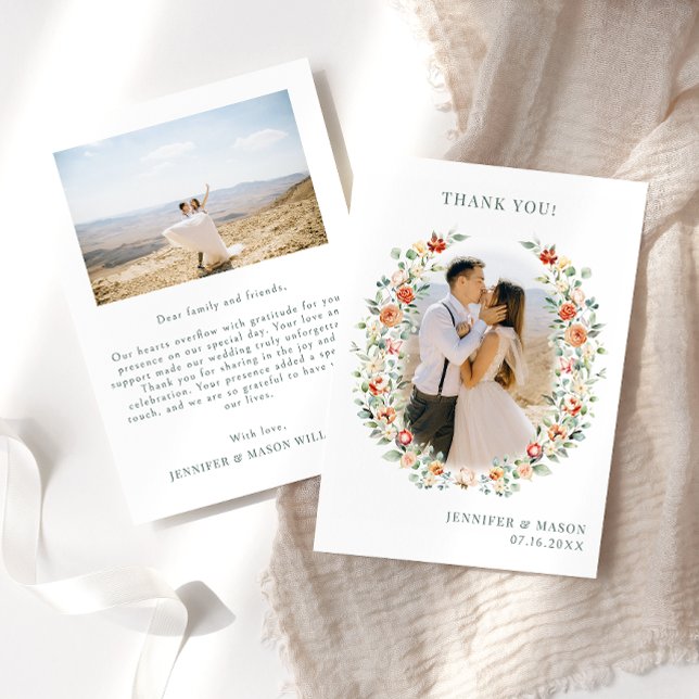 Carte De Remerciements Boho brûlé oranger fleur couronne Mariage Photo (Créateur téléchargé)