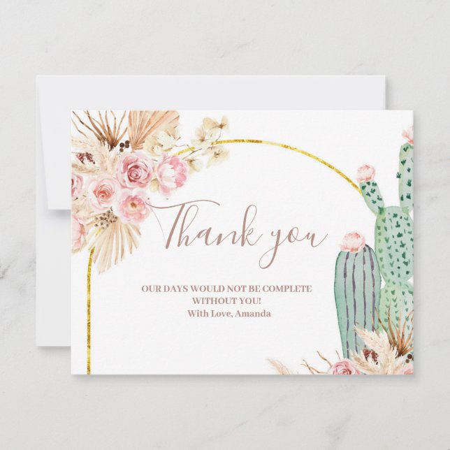 Carte de remerciements Boho Cactus Fleurs roses (Devant)