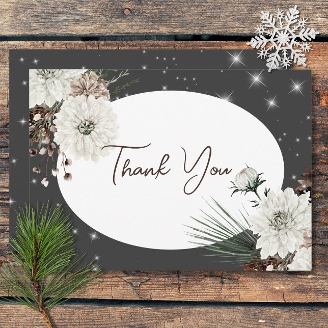 Carte De Remerciements Boho Charcoal Pine Winter Sparkle Mariage (Boho Charcoal Pine Winter Sparkle Wedding Thank You Card)