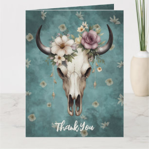 Carte De Remerciements Boho Chic Aquarelle Floral Vache Mariage crâne