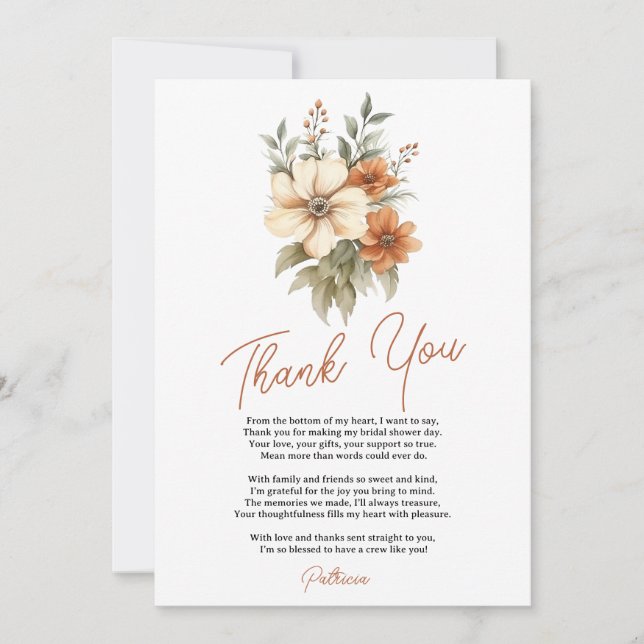 Carte De Remerciements Boho Chic Bouquet Floral Terracotte Enterrement de (Devant)