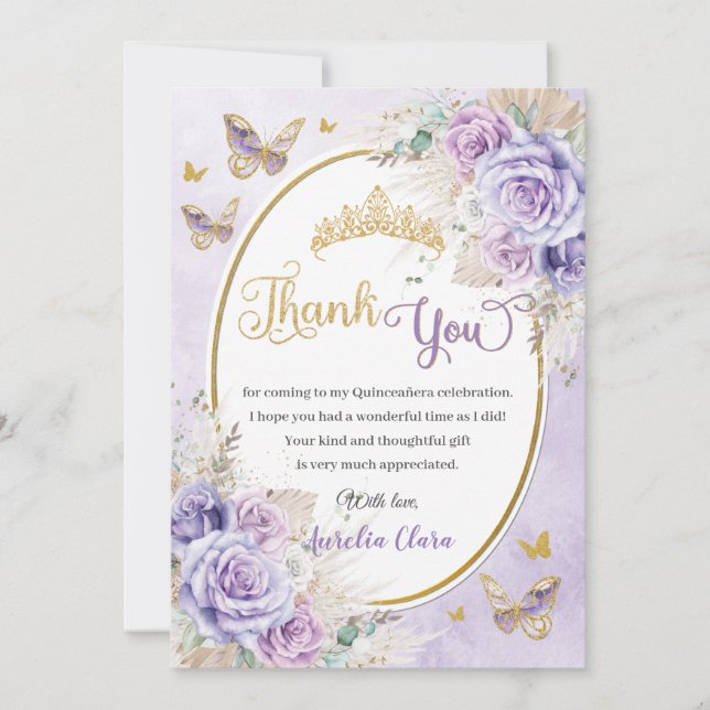 Carte De Remerciements Boho Chic Pampas Purple Lilac Floral Quinceañera (Devant)