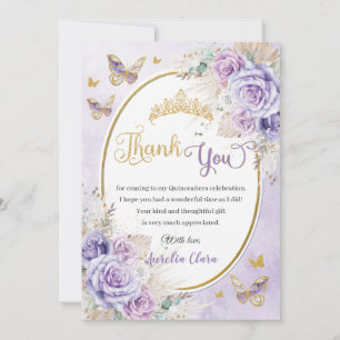 Carte De Remerciements Boho Chic Pampas Purple Lilac Floral Quinceañera