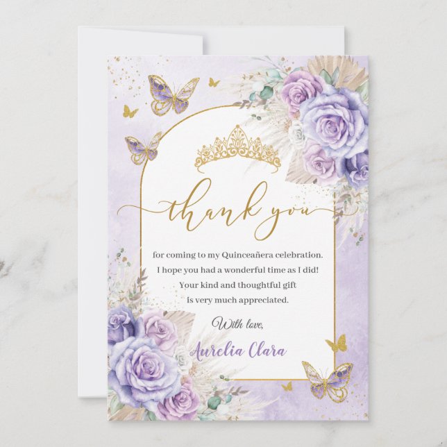 Carte De Remerciements Boho Chic Pampas Purple Lilac Floral Quinceañera (Devant)