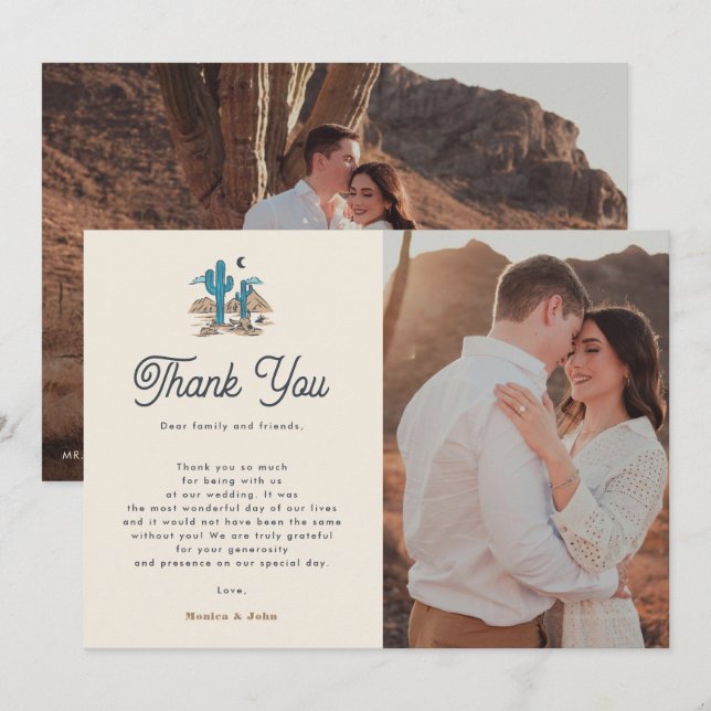 Carte De Remerciements Boho Desert Cactus Retro Arizona 2 Photo Wedding (Devant / Derrière)