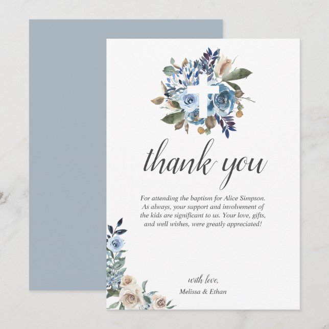 Carte De Remerciements Boho Dusty Blue Beige Fleurs Baptême (Devant / Derrière)