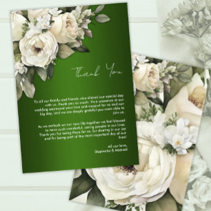 Carte De Remerciements Boho Emerald Green et Vintage White Roses Mariage
