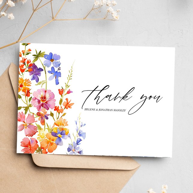 Carte De Remerciements Boho Fleur sauvage Aquarelle Florale Mariage éléga (Boho Wildflower Watercolor Floral Elegant Wedding Thank You Card)