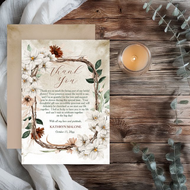 Carte De Remerciements Boho Fleurs Automnales Délicates Mariage Amoureux  (Boho Muted Fall Floral and Grapevine Wreath Fall in Love Bridal Shower Collection Thank You)