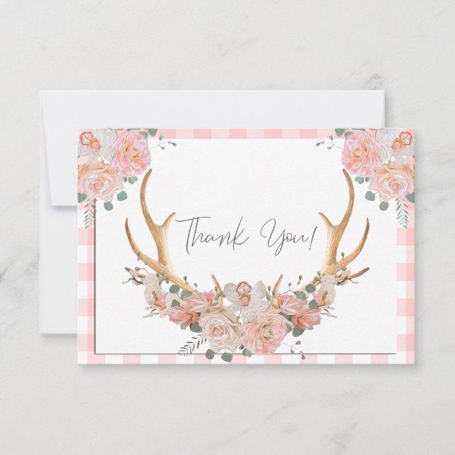 Carte De Remerciements BOHO Floral Antlers Coral En vichy (Devant)