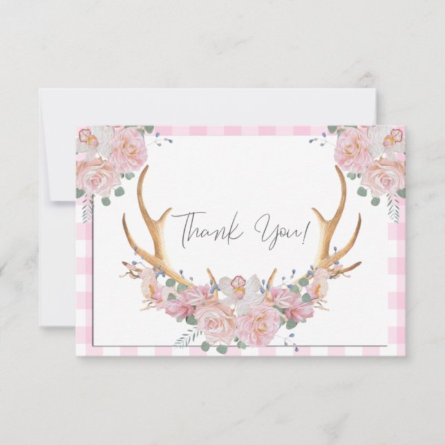 Carte De Remerciements BOHO Floral Antlers En vichy rose (Devant)