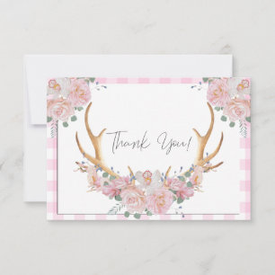 Carte De Remerciements BOHO Floral Antlers En vichy rose