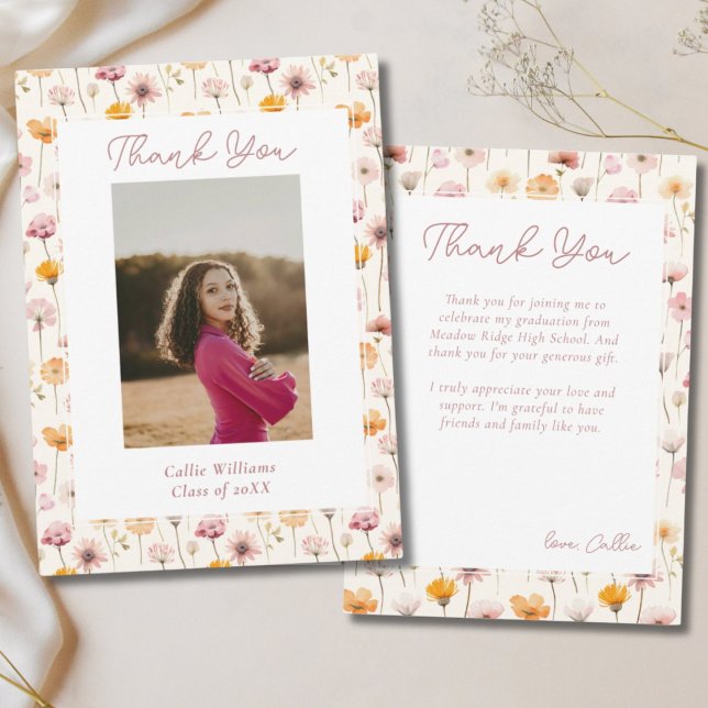 Carte De Remerciements Boho Floral Aquarelle Fleur sauvage Graduation (Wildflower floral thank you card)