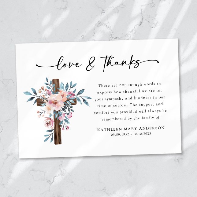 Carte De Remerciements Boho Floral Cross Script Funérailles (Créateur téléchargé)