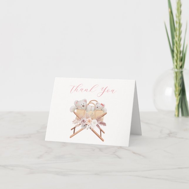 Carte De Remerciements Boho Floral Ours Polaire Bassinet Baby shower (Devant)