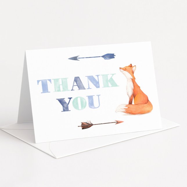 Carte De Remerciements Boho Fox Anniversaire Orange Et Bleu (Boho watercolor blue and orange thank you card design with cute fox)