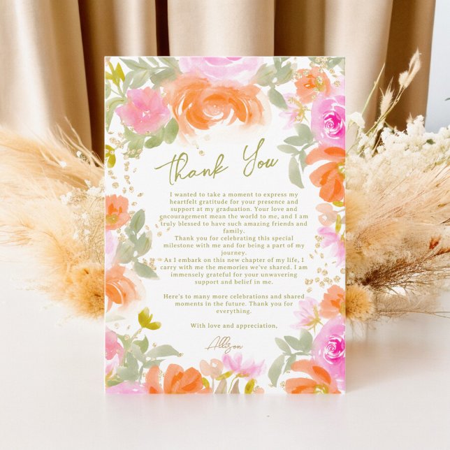 Carte De Remerciements Boho Garden orange fleurs sauvages graduation (Boho Garden orange wildflowers graduation Thank You Card)