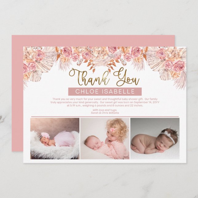 Carte De Remerciements Boho Girl 3 Photo Pampas Grass | Floral Rose (Devant / Derrière)