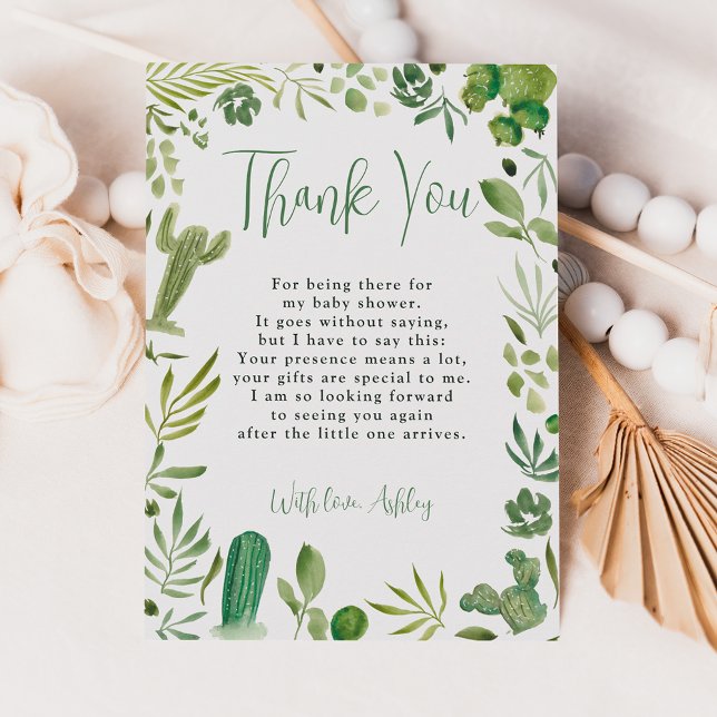 Carte De Remerciements Boho green cactus sexe neutre chic baby shower (Boho green cactus gender neutral chic baby shower thank you card)