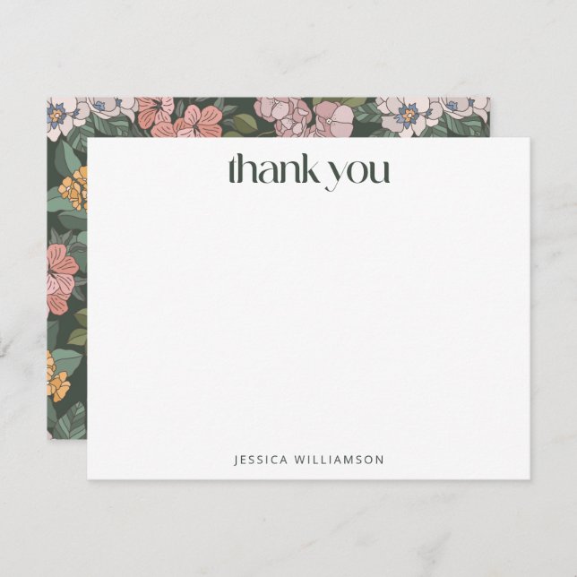 Carte De Remerciements Boho Green Floral Wildflower Custom Stationery (Devant / Derrière)